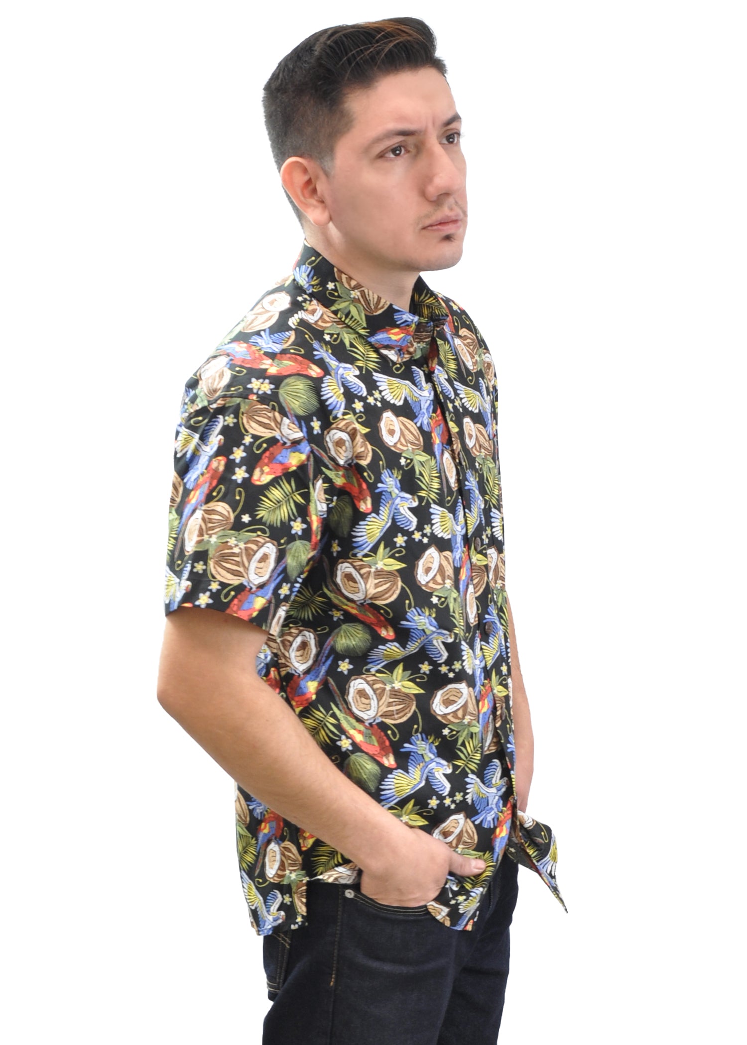 Men's Hawaiian Shirt, Palm Trees, Parrots and Coconuts