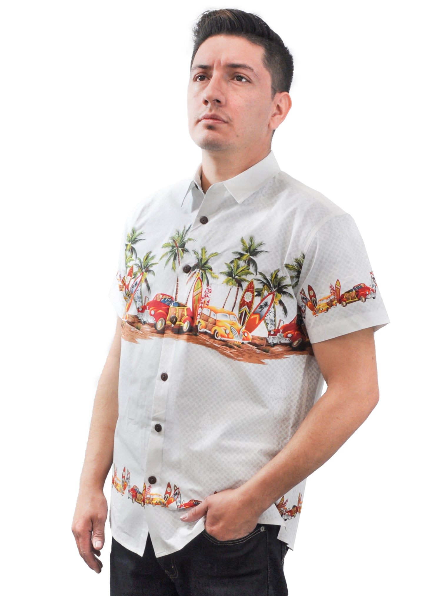 Model wearing High Surf Men's Hawaiian Shirt depicting Palm Trees, Cars and Surfboards in White. Front View.