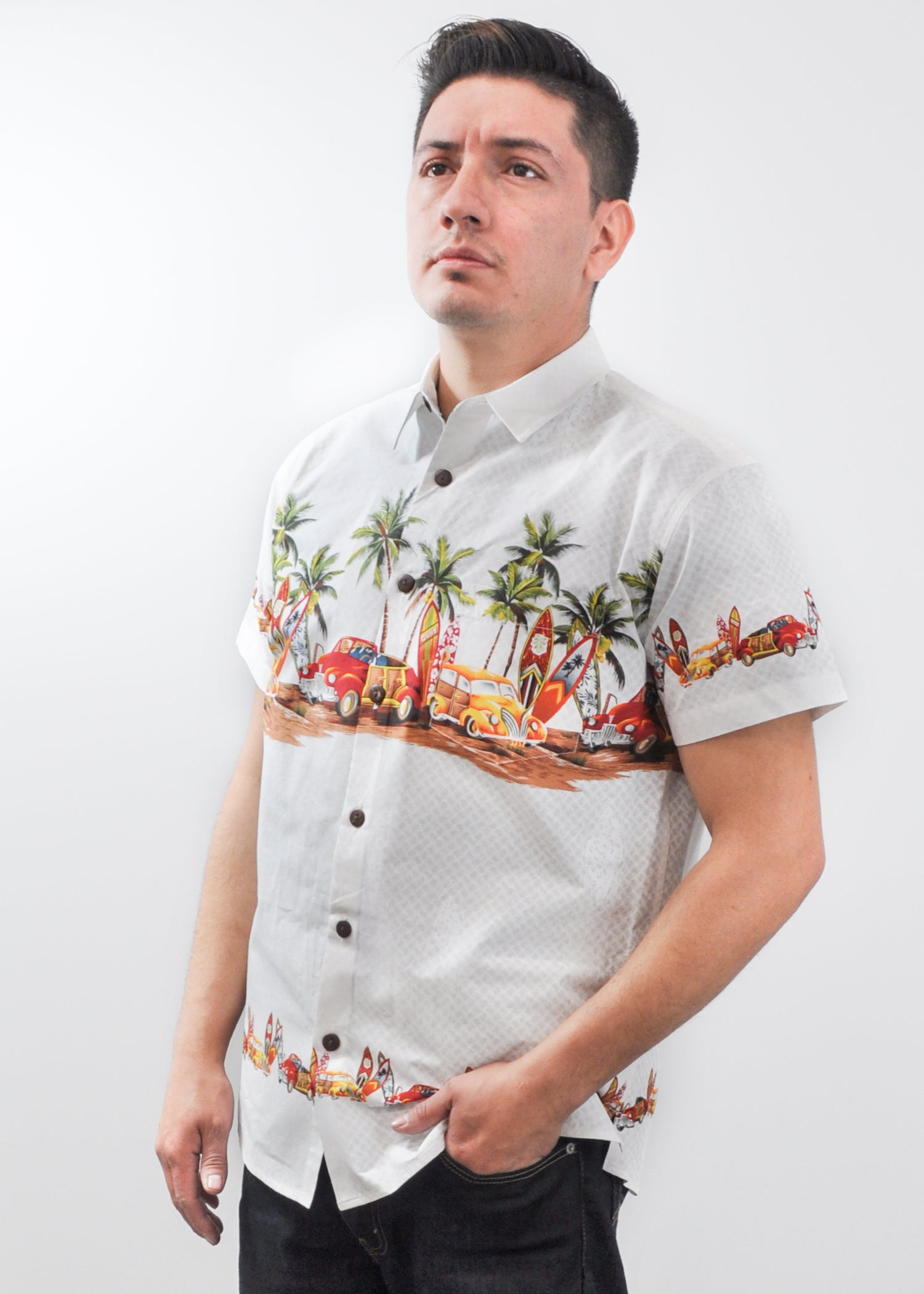 Men's Hawaiian Shirt - Cars, Surfboards and Palm Trees