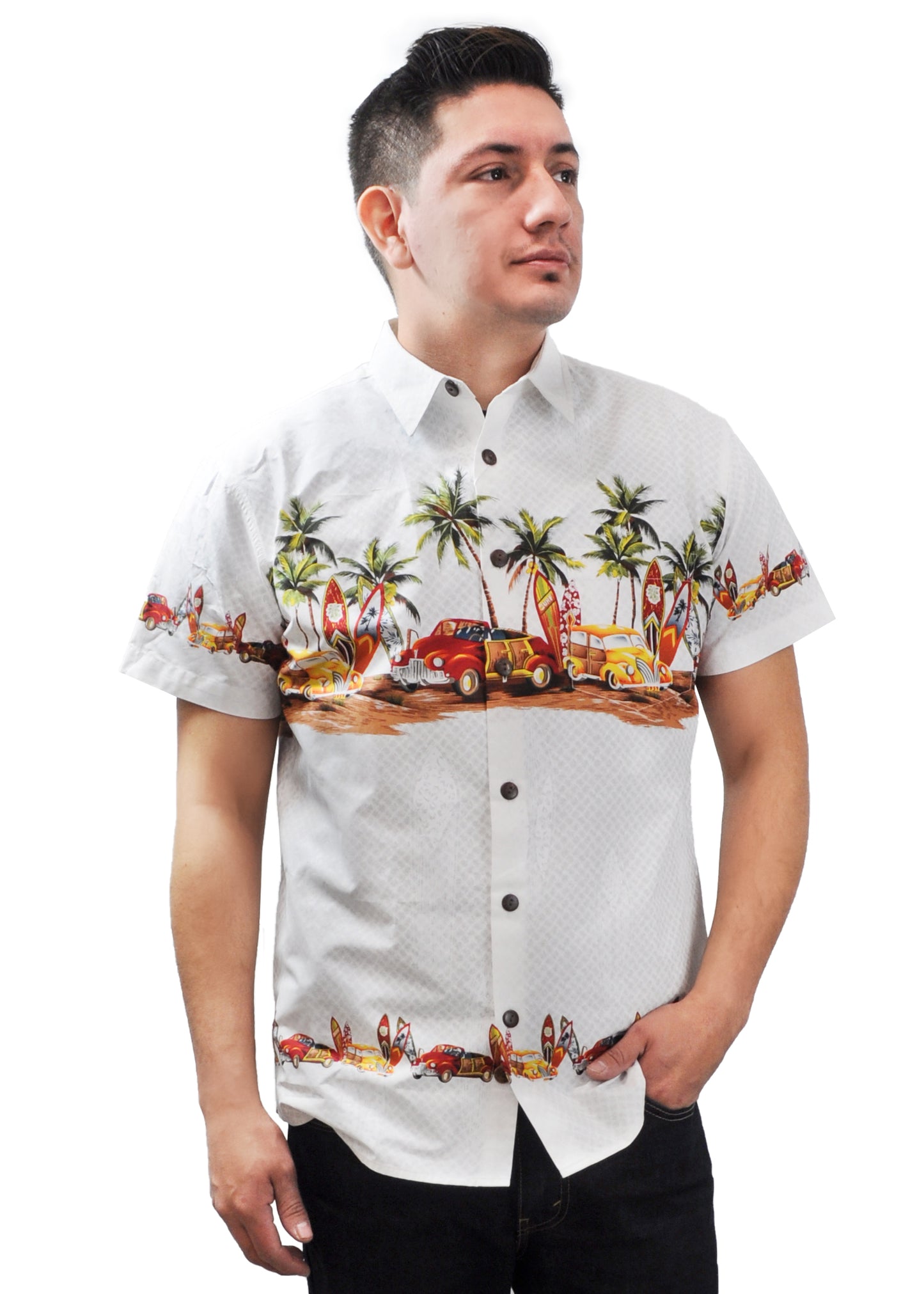 Model wearing High Surf Men's Hawaiian Shirt depicting Palm Trees, Cars and Surfboards in White. Front View.