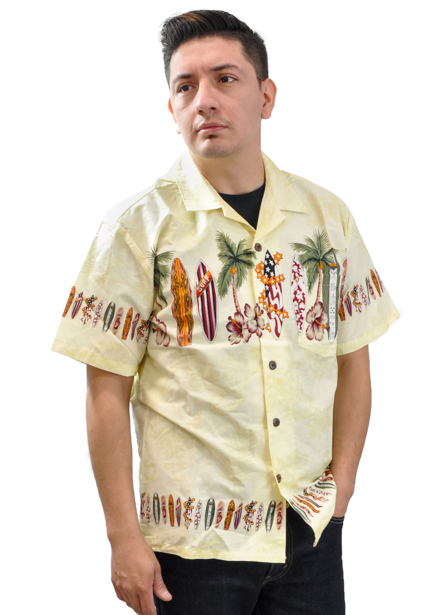 Model wearing High Surf Men's Hawaiian Shirt depicting Palm Trees, Cars and Surfboards in Yellow. Front View.