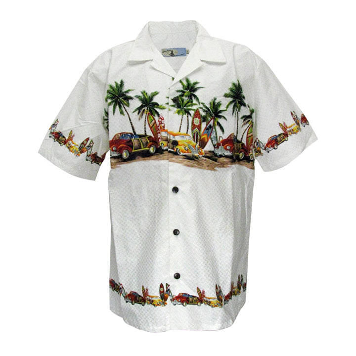 High Surf Men's Hawaiian Shirt depicting Palm Trees, Cars and Surfboards in White. Front View.