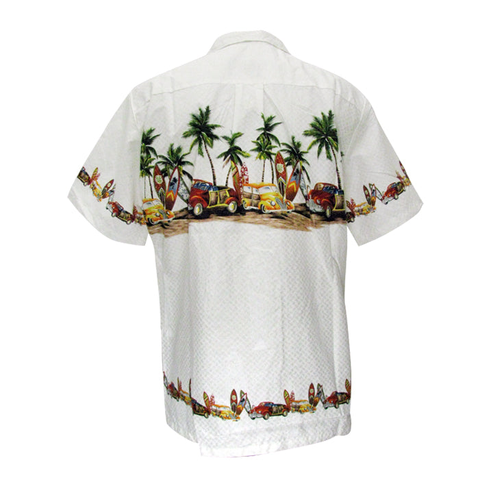 High Surf Men's Hawaiian Shirt depicting Palm Trees, Cars and Surfboards in White. Back View.