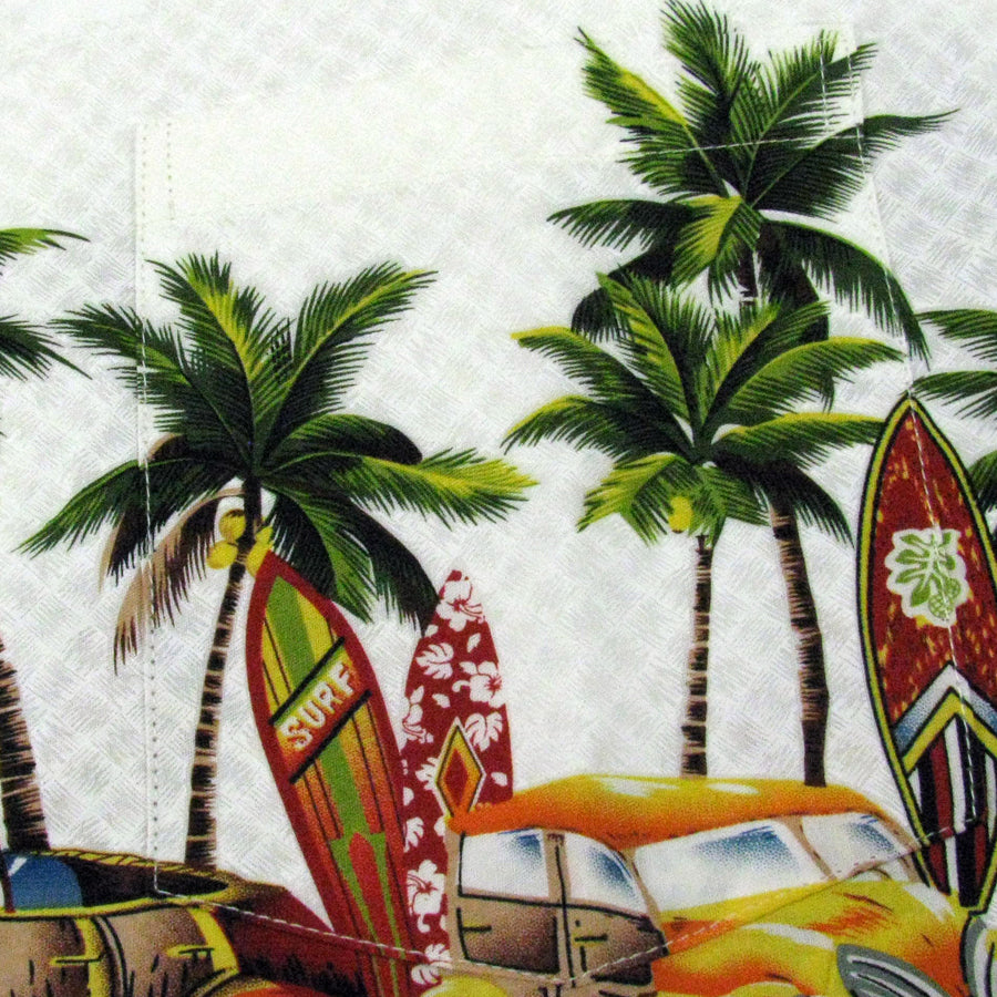 Model wearing High Surf Men's Hawaiian Shirt depicting Palm Trees, Cars and Surfboards in White. Close up of design.