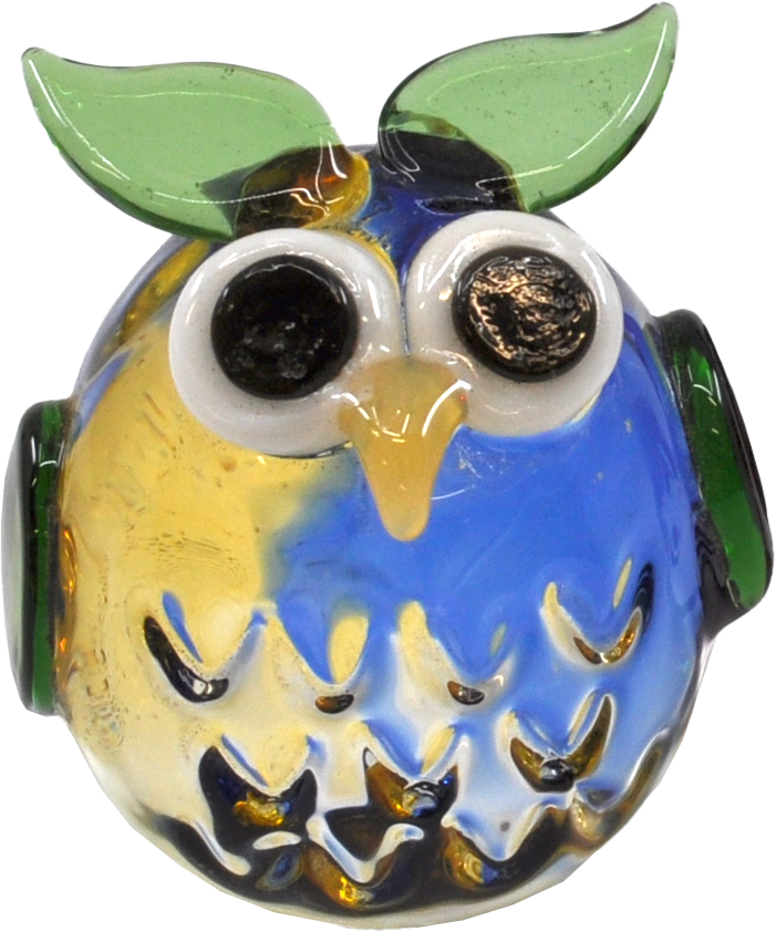 Crystal Castle Blown Glass Owl Figurine in green with big expressive eyes. Has yellow and blue details. 