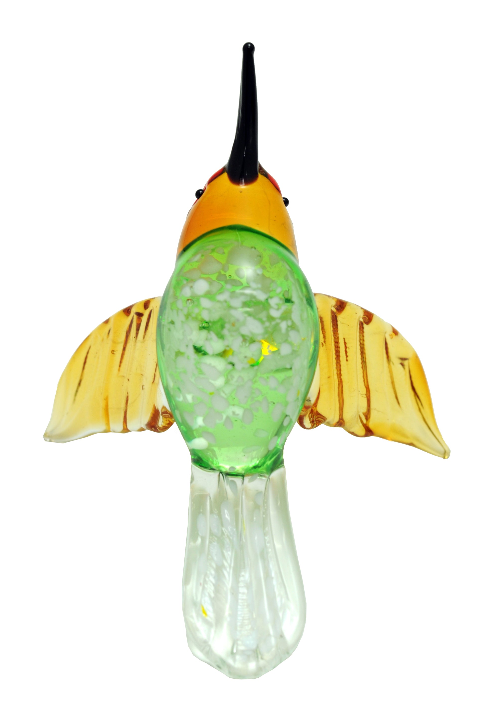 Crystal Castle Glass hummingbird in Yellow, Green and Orange, Bottom View.