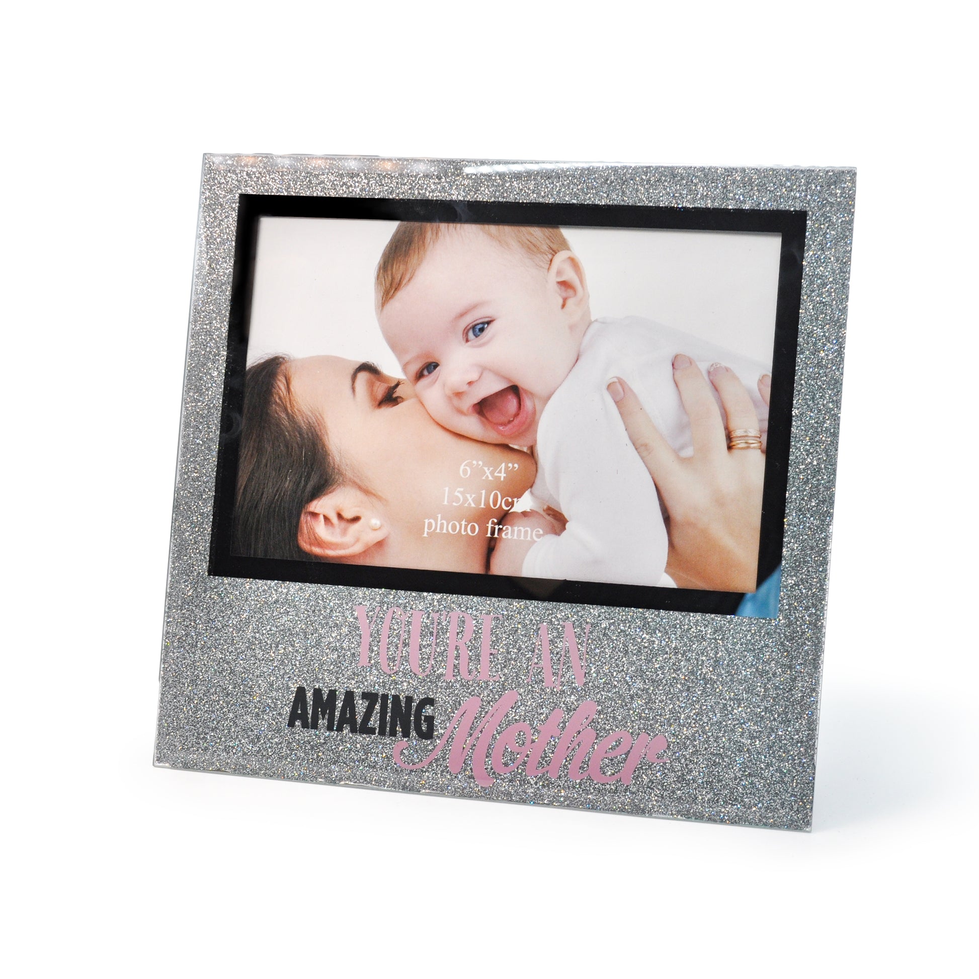 Gray glitter frame displaying the words 'Amazing mother' at the bottom, suitable for 6" x 4" images, by Crystal Castle