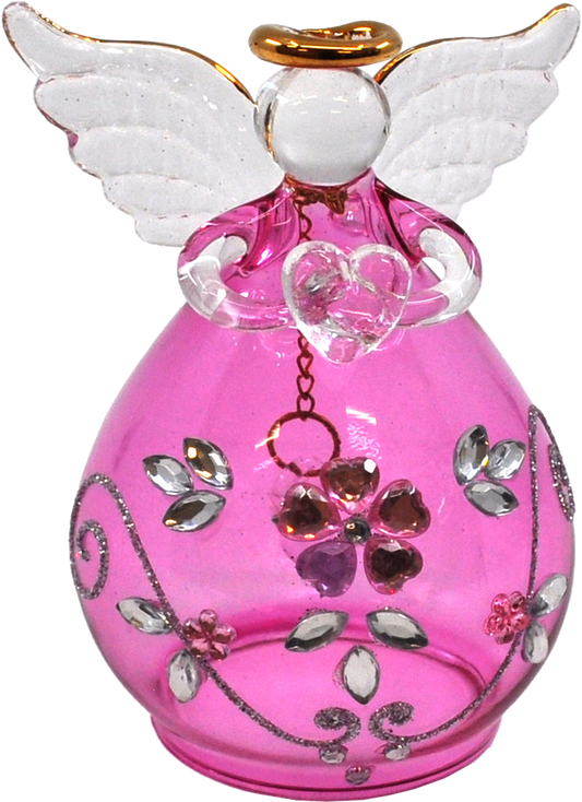 Crystal Castle Small Pink Round Angel Bell holding a heart. With Glittery Gold Details and Decorative Stone Designs. 