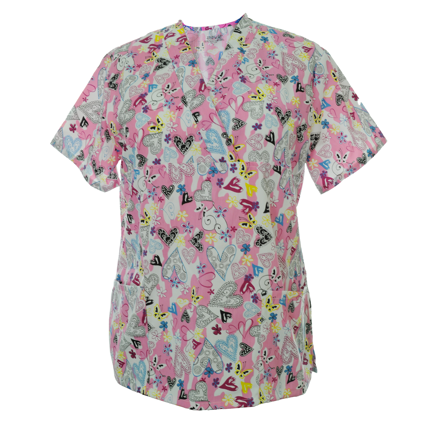 Young USA Ladies Scrub Top with Pink Hearts
