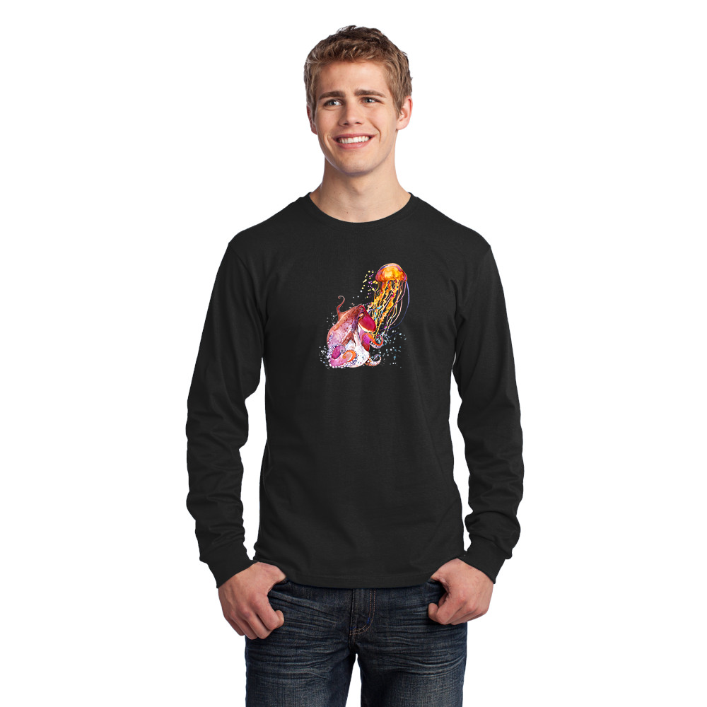Men's Long Sleeve Jersey T-Shirt. Squid and Jellyfish.