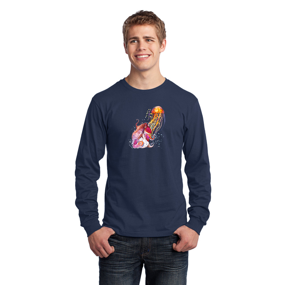 Men's Long Sleeve Jersey T-Shirt. Squid and Jellyfish.