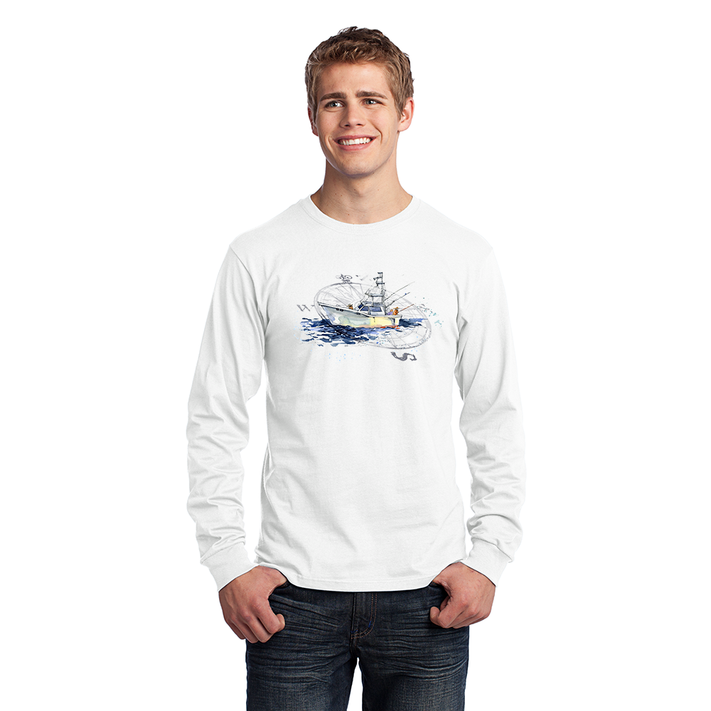 Men's Long Sleeve Jersery T-Shirt. Fishing Boat.