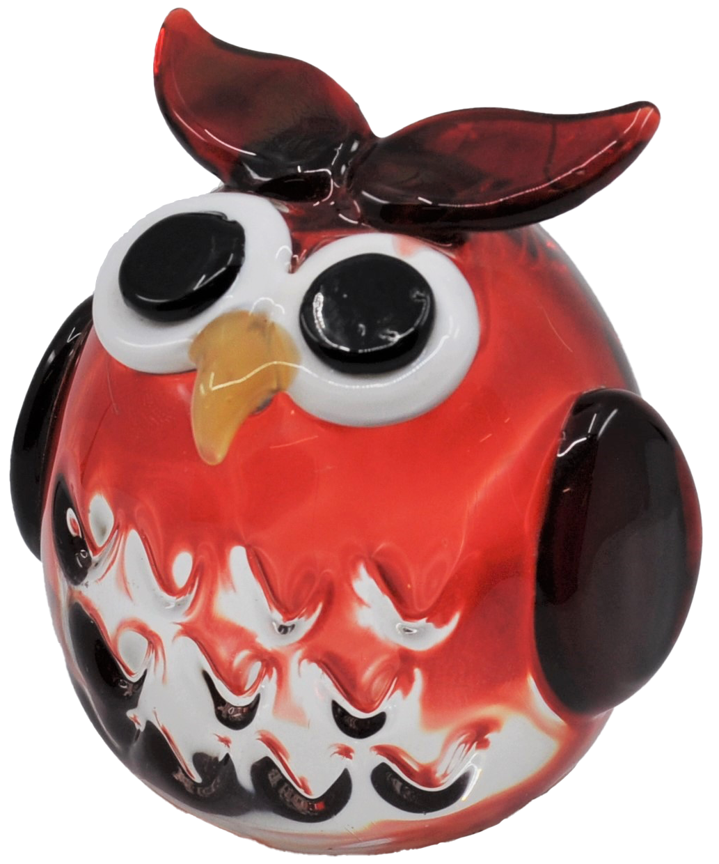 Crystal Castle Blown Glass Owl Figurine in Red with Big expressive eyes and yellow details.
