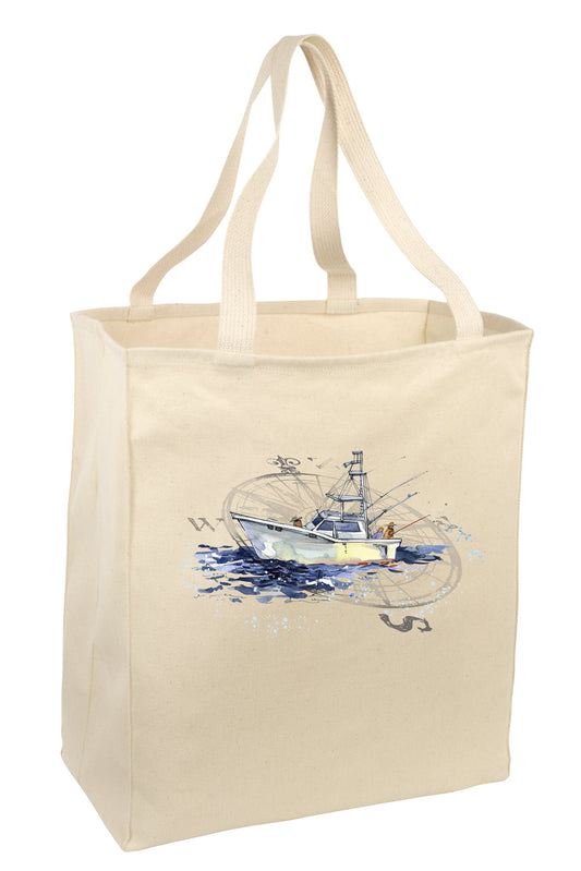 Over the Shoulder Beach Summer Tote Bag. Durable 100% Cotton and 22" Long Handle Shopping Bag. (Fishing Boat)