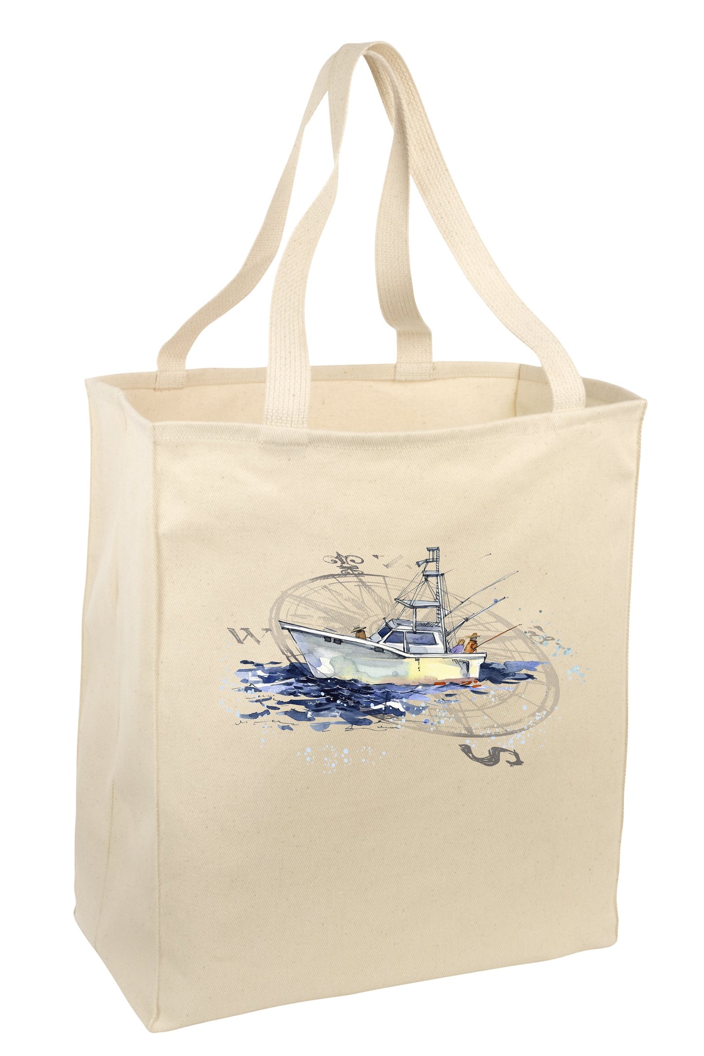 Over the Shoulder Beach Summer Tote Bag. Durable 100% Cotton and 22" Long Handle Shopping Bag. (Fishing Boat)