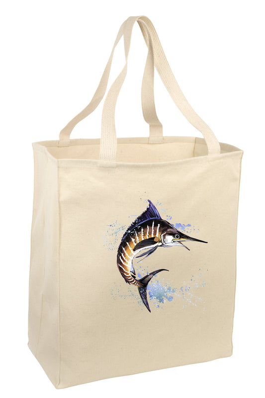 Over the Shoulder Beach Summer Tote Bag. Durable 100% Cotton and 22" Long Handle Shopping Bag. (Marlin)