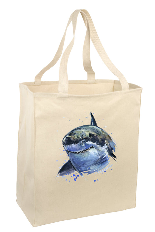 Over the Shoulder Beach Summer Tote Bag. Durable 100% Cotton and 22" Long Handle Shopping Bag. (Shark)