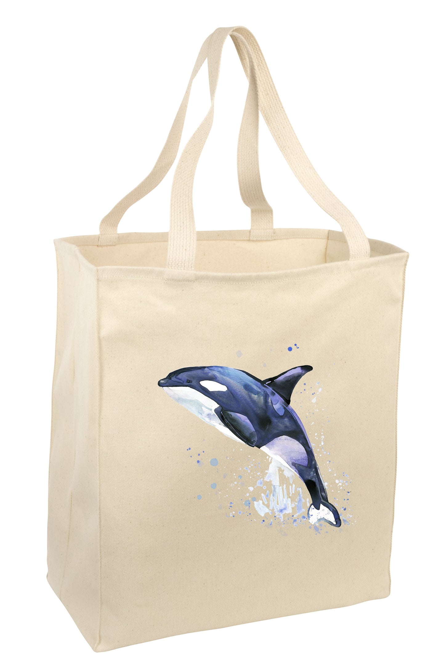 Over the Shoulder Beach Summer Tote Bag. Durable 100% Cotton and 22" Long Handle Shopping Bag. (Orca Whale)