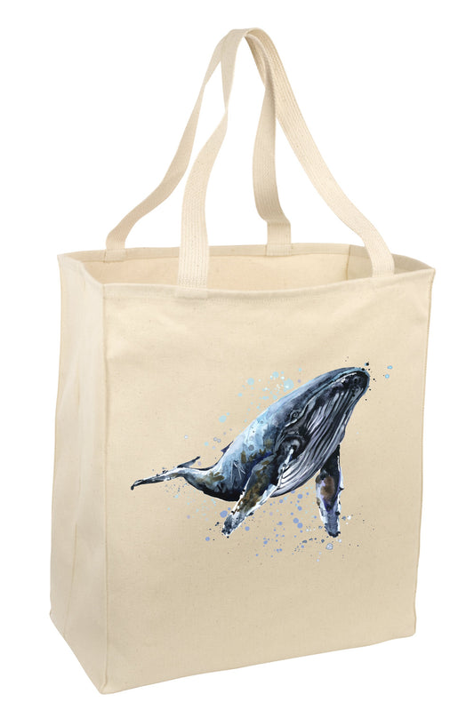 Over the Shoulder Beach Summer Tote Bag. Durable 100% Cotton and 22" Long Handle Shopping Bag. (Blue Whale)