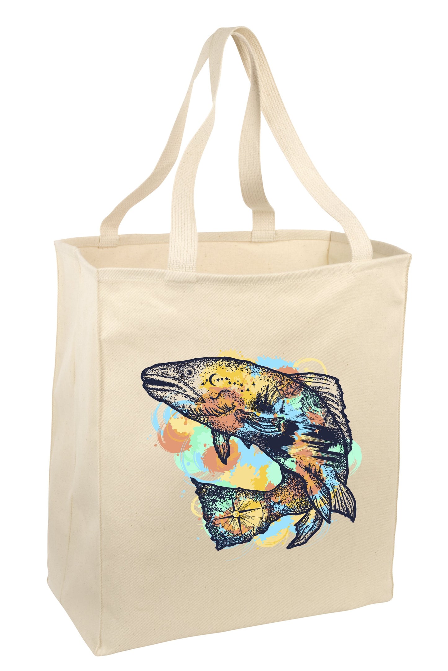 Over the Shoulder Beach Summer Tote Bag. Durable 100% Cotton and 22" Long Handle Shopping Bag. (Trout Fish)
