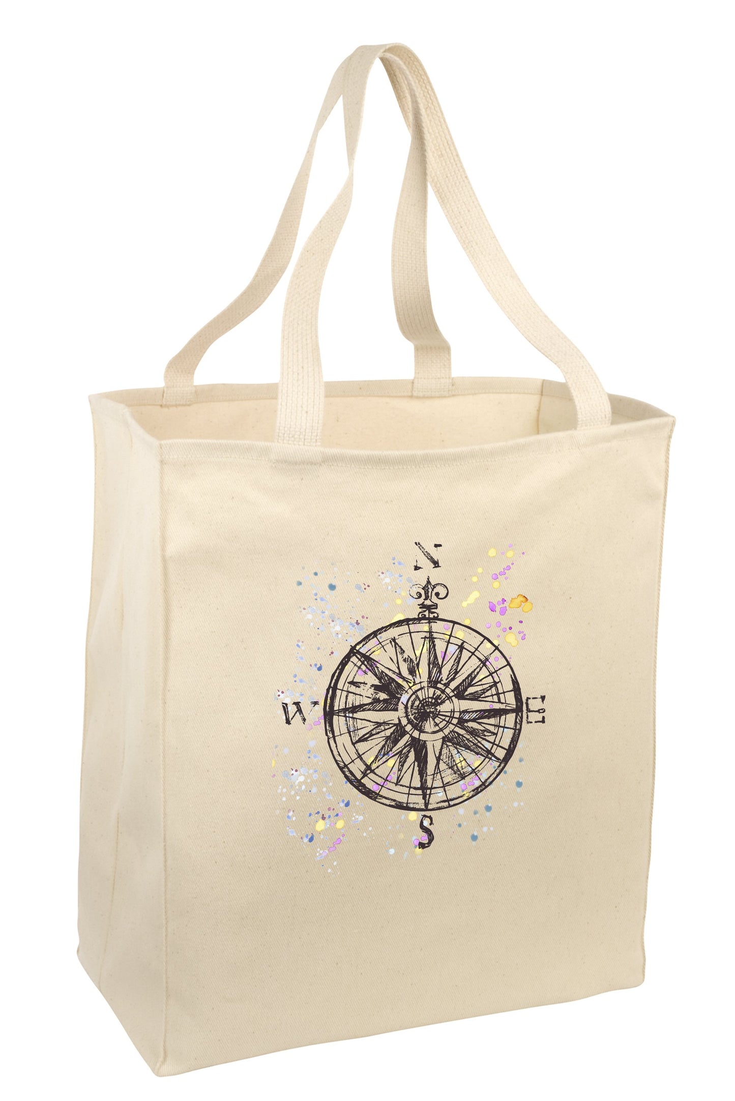 Over the Shoulder Beach Summer Tote Bag. Durable 100% Cotton and 22" Long Handle Shopping Bag. (Compass)