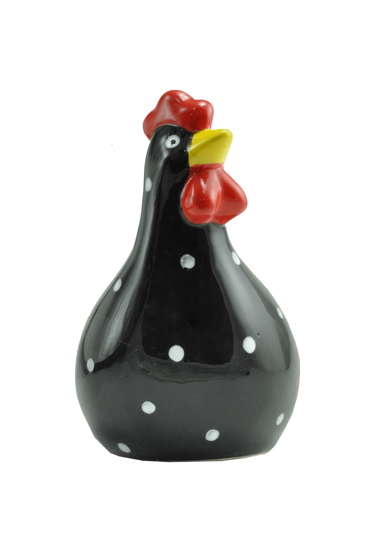 Crystal Castle® Ceramic Chicken Piggy money bank in black with white polka-dots. Has red and yellow accents.