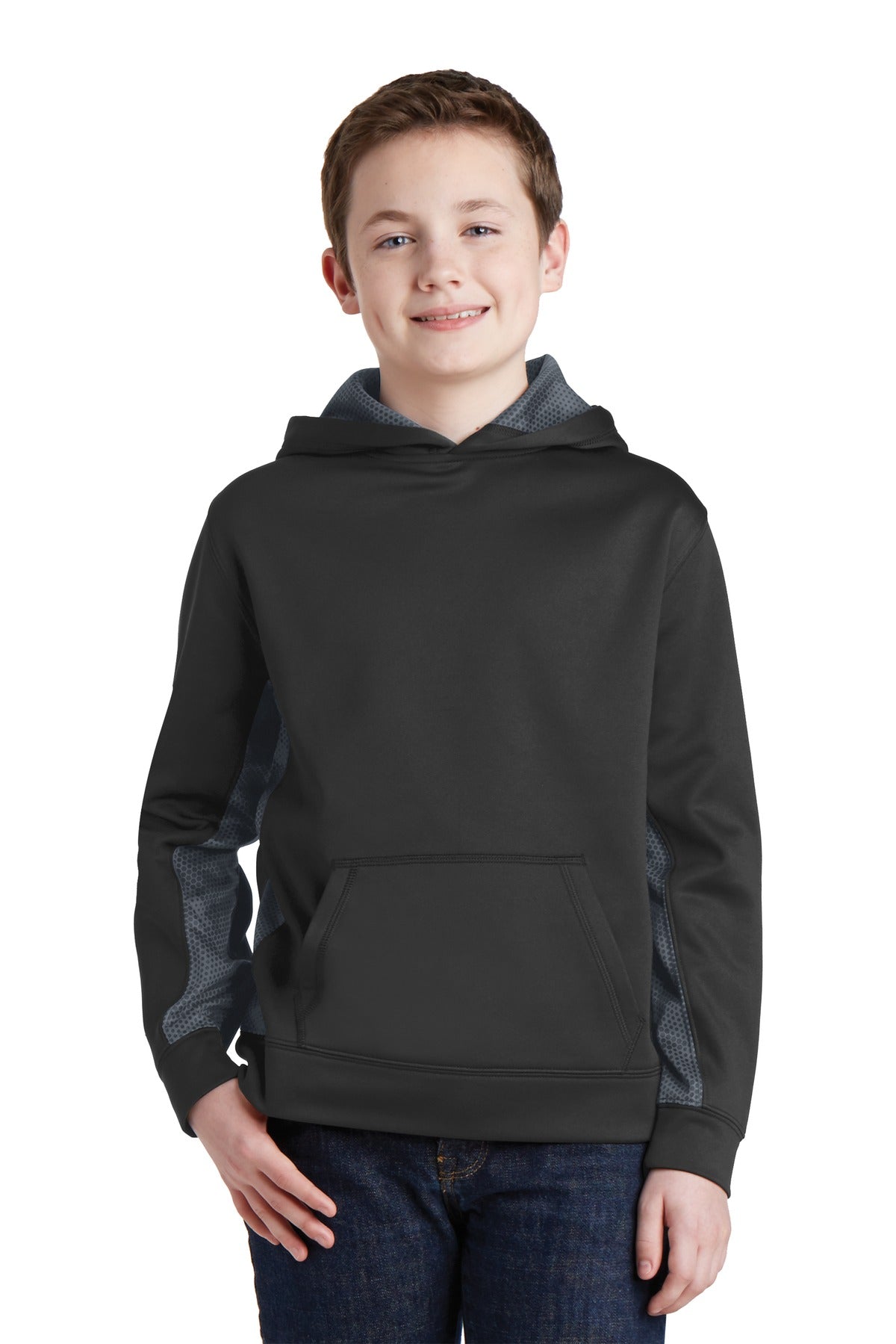 Sport-Tek® Youth Sport-Wick® CamoHex Fleece Colorblock Hooded Pullover.  YST239