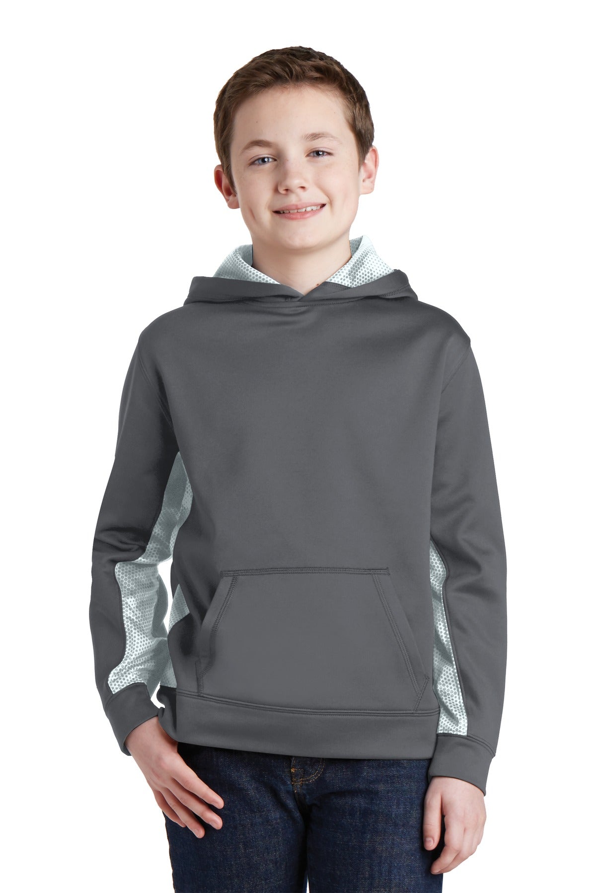 Sport-Tek® Youth Sport-Wick® CamoHex Fleece Colorblock Hooded Pullover.  YST239